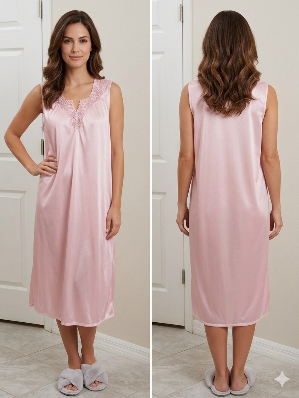 Vanity Fair‎ Soft Pink Satin Sleeveless Nightgown with Lace V-Neck